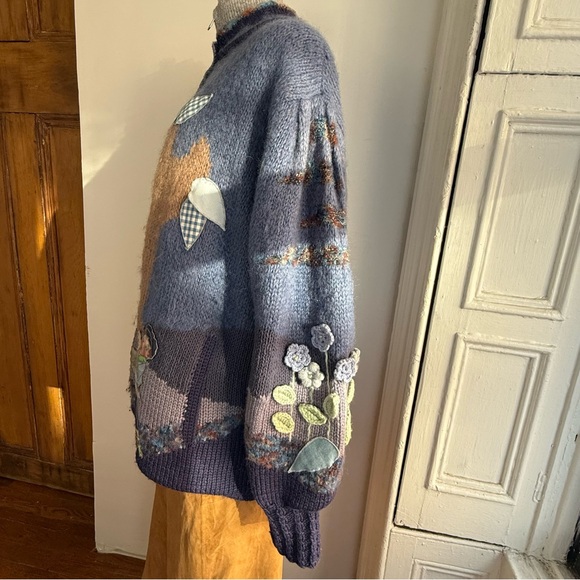 Vintage Wool Mohair Whimsical Cardigan Appliqué Boy & Goose Patchwork Knit - Picture 16 of 17